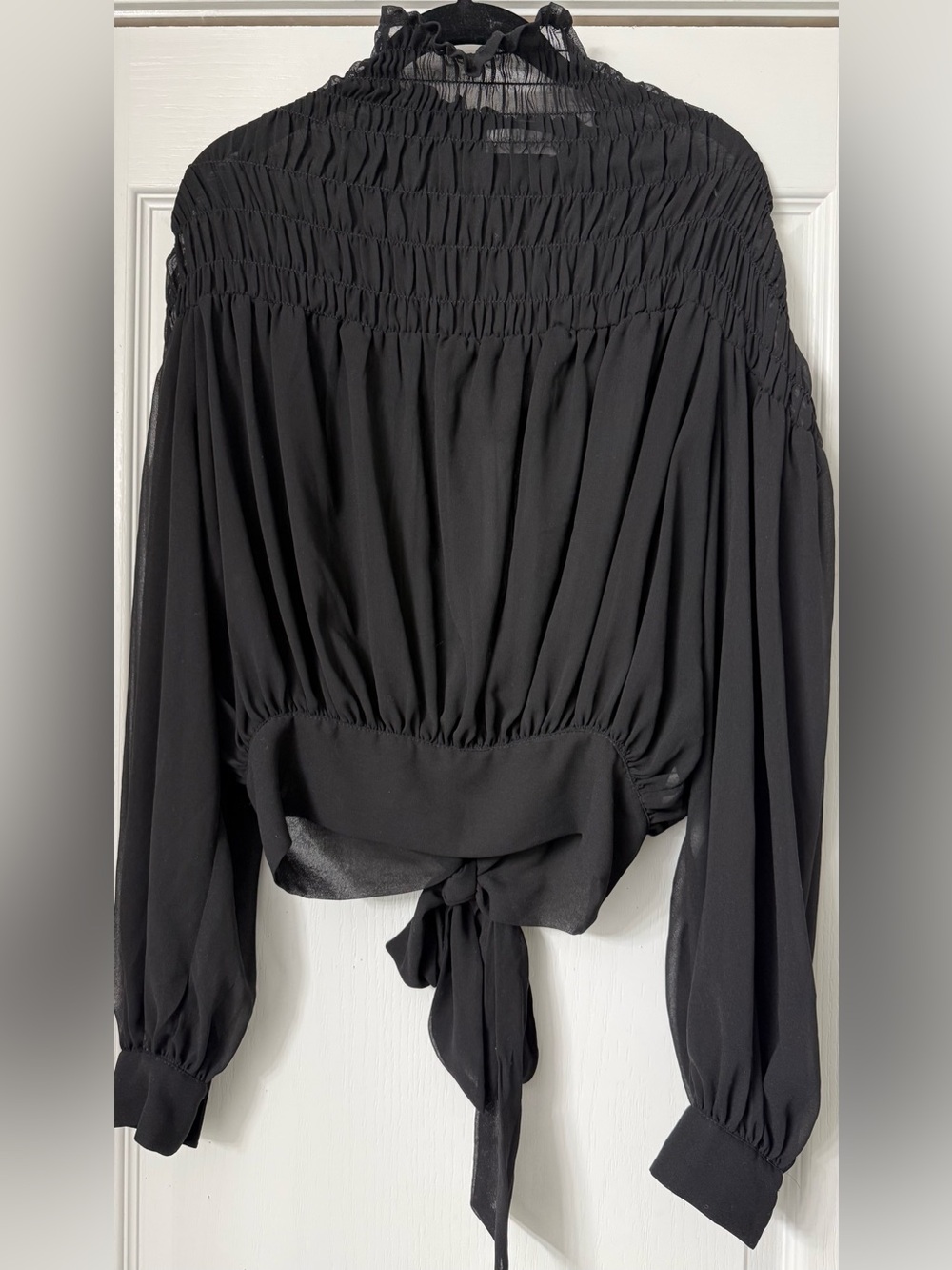 Vestique Black Smocked High-Neck Tie-Back Blouse